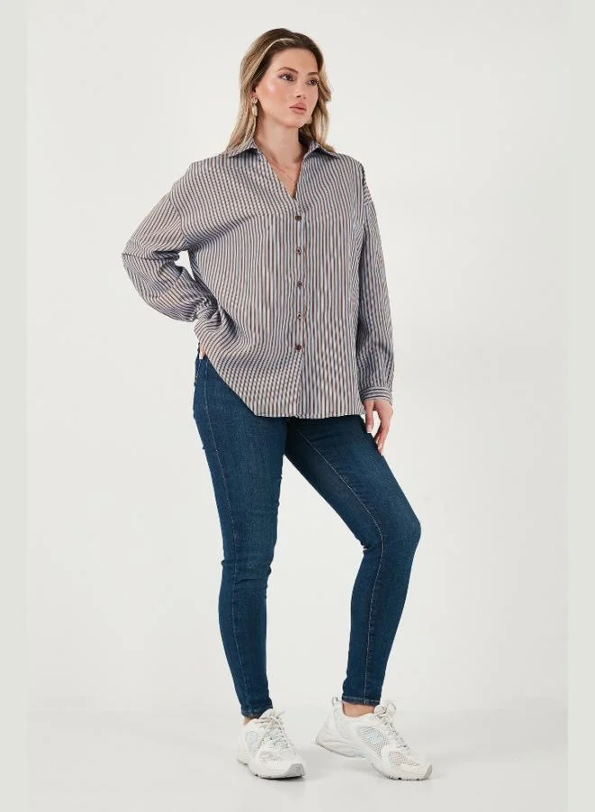 ليلا Lela Striped Oversize Fit Classic Collar Long Sleeve Shirt Women's SHIRT 6925475